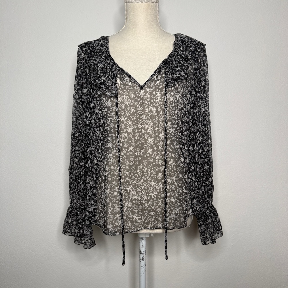 LoveShackFancy Sheer Silk Star Print Ruffle Tie Blouse Black White Size S
